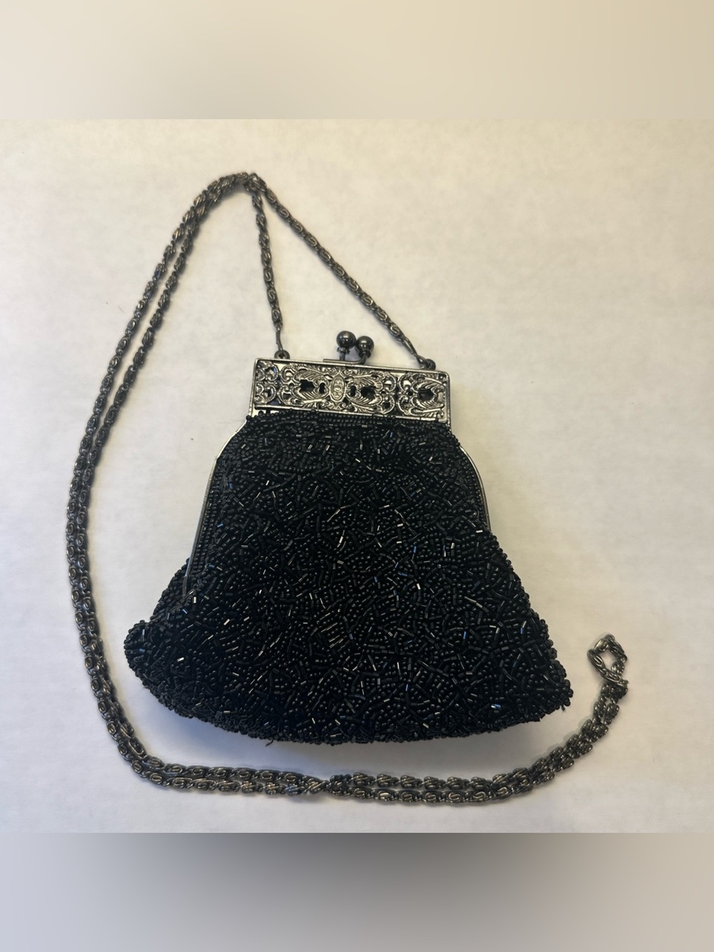 Vintage 1980s Beaded Evening Bag Ornate Kisslock Frame Clutch Black Party Purse